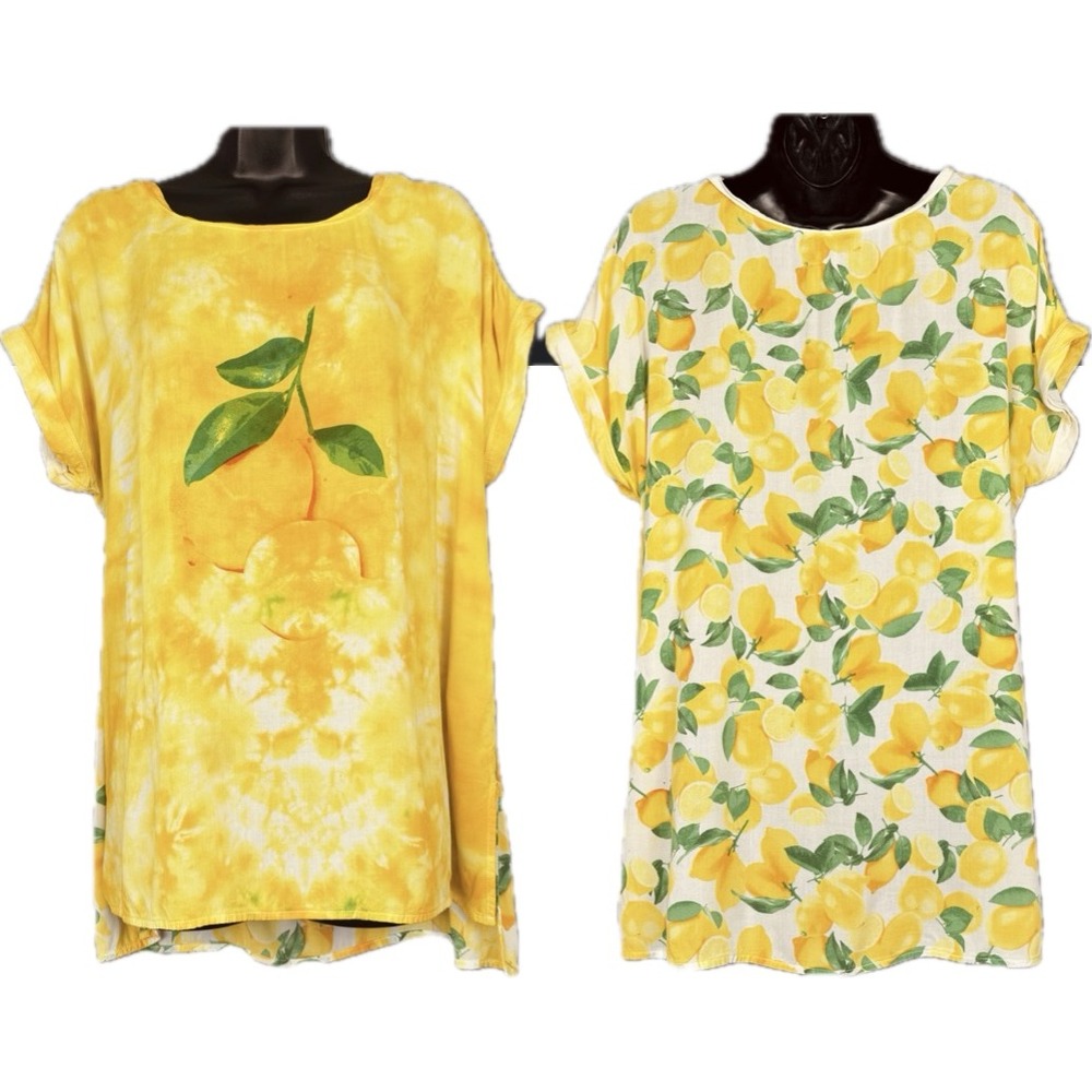 Stylus Womens Yellow Tie Dye Lemon Print Rayon Short Sleeve Blouse Large
